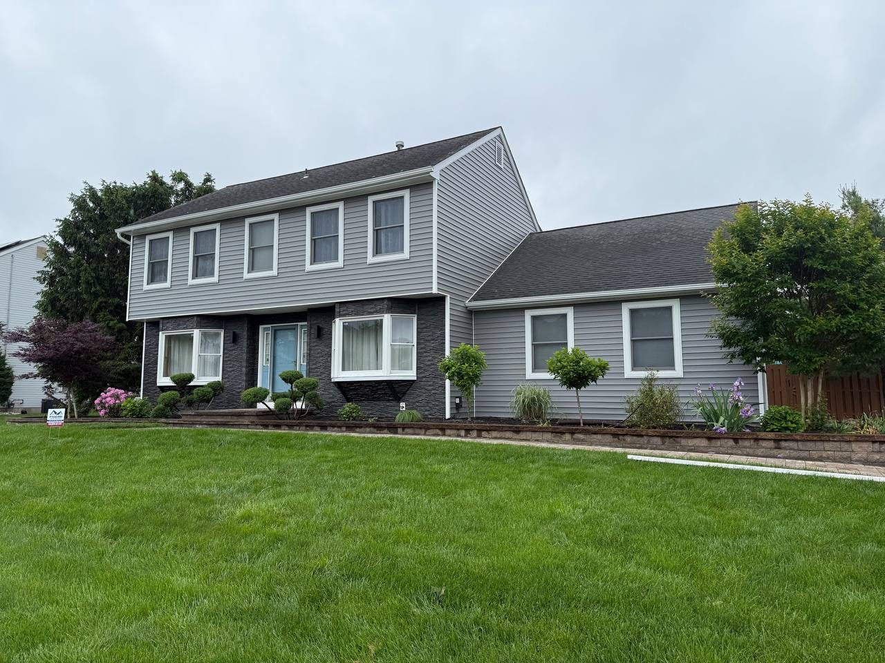 Finished exterior — Complete Exterior Renovation — Insulated Siding, Vinyl Stone & Smart Lighting, Dutchess Ln, Dayton, NJ 08810